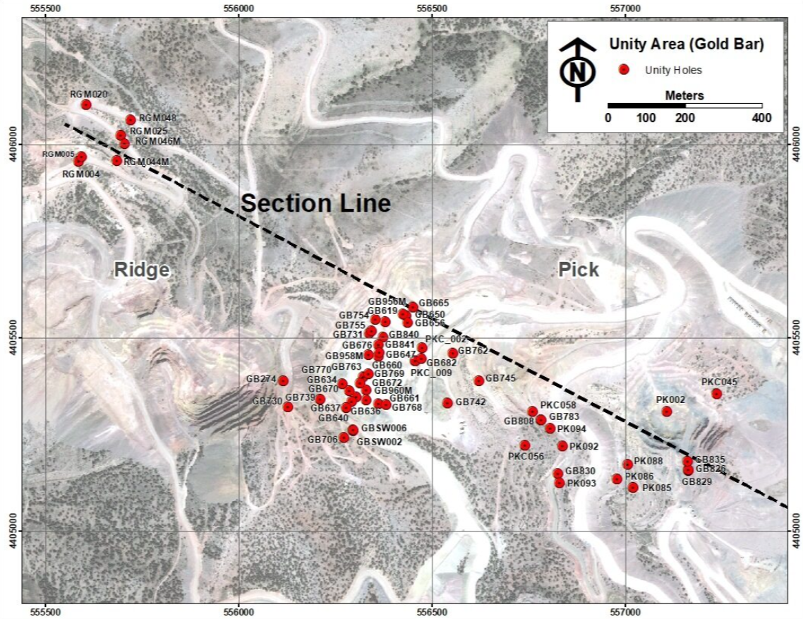 Figure 7. Plan view map showing the drillholes located in the proposed Unity Pit area