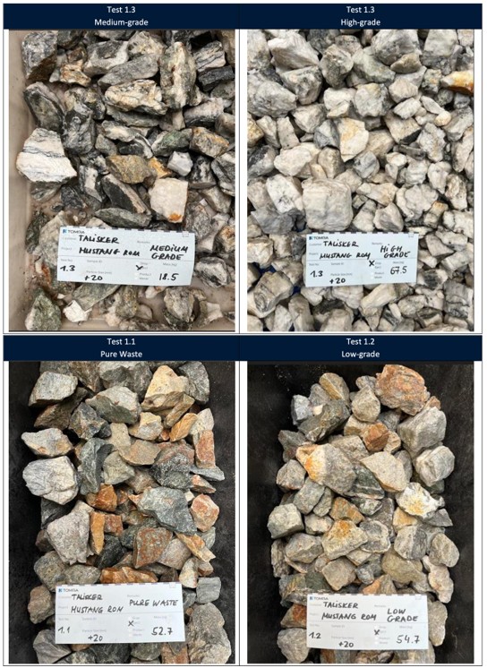 Visual results of Run of Mine material from the Mustang Mine showing material sorted into four fractions based on quartz percentage.