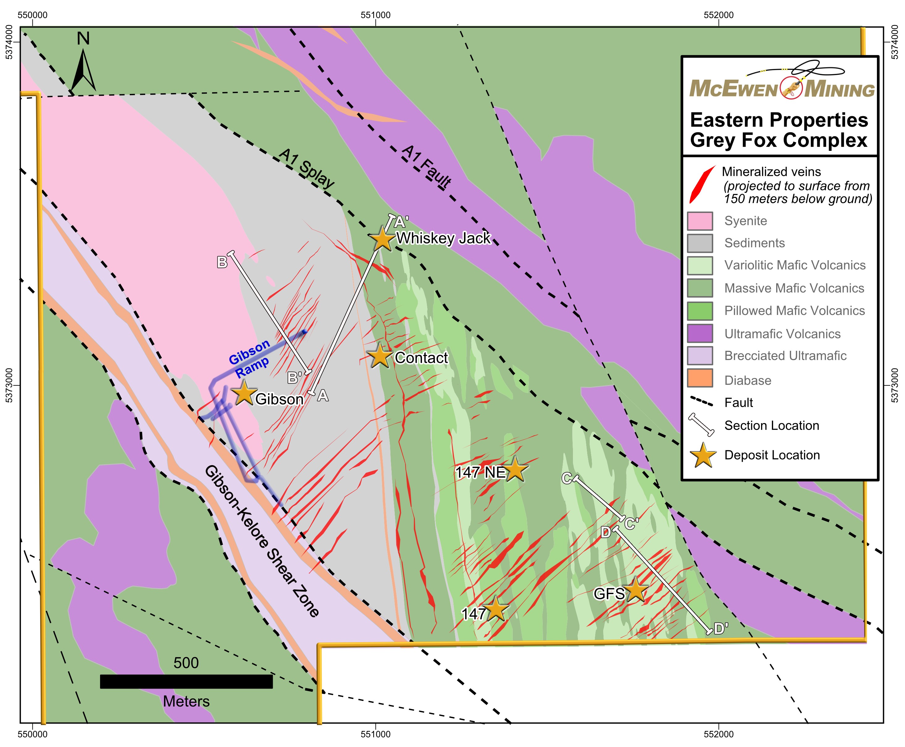 Figure 3. Plan View Map of Grey Fox Showing the Location of Cross Sections A-A', B-B', C-C' and D-D'