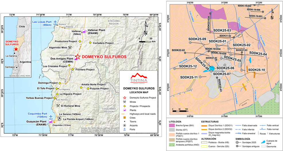 Location map of the Domeyko Sulfuros Project and drill hole locations executed in 2025.