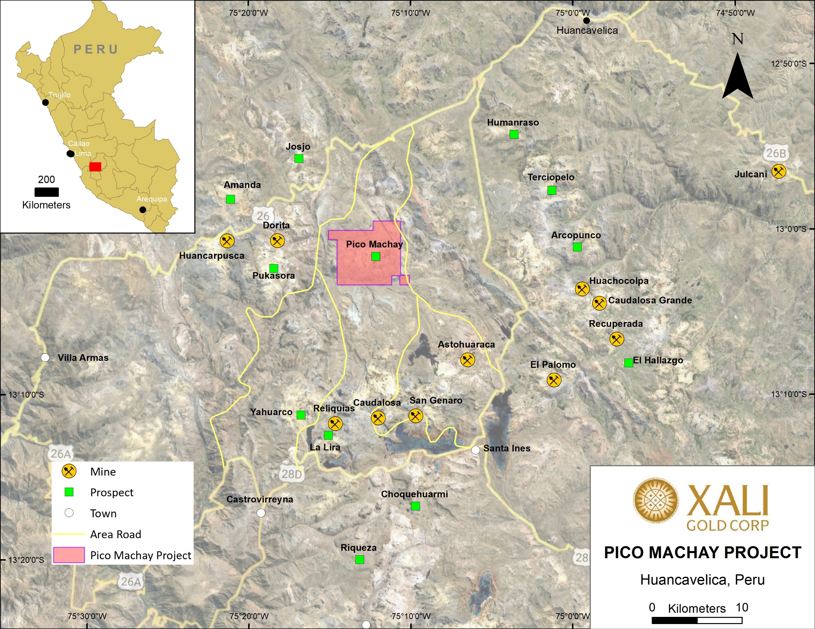 Pico Machay location map in comparison to existing mines and prospects