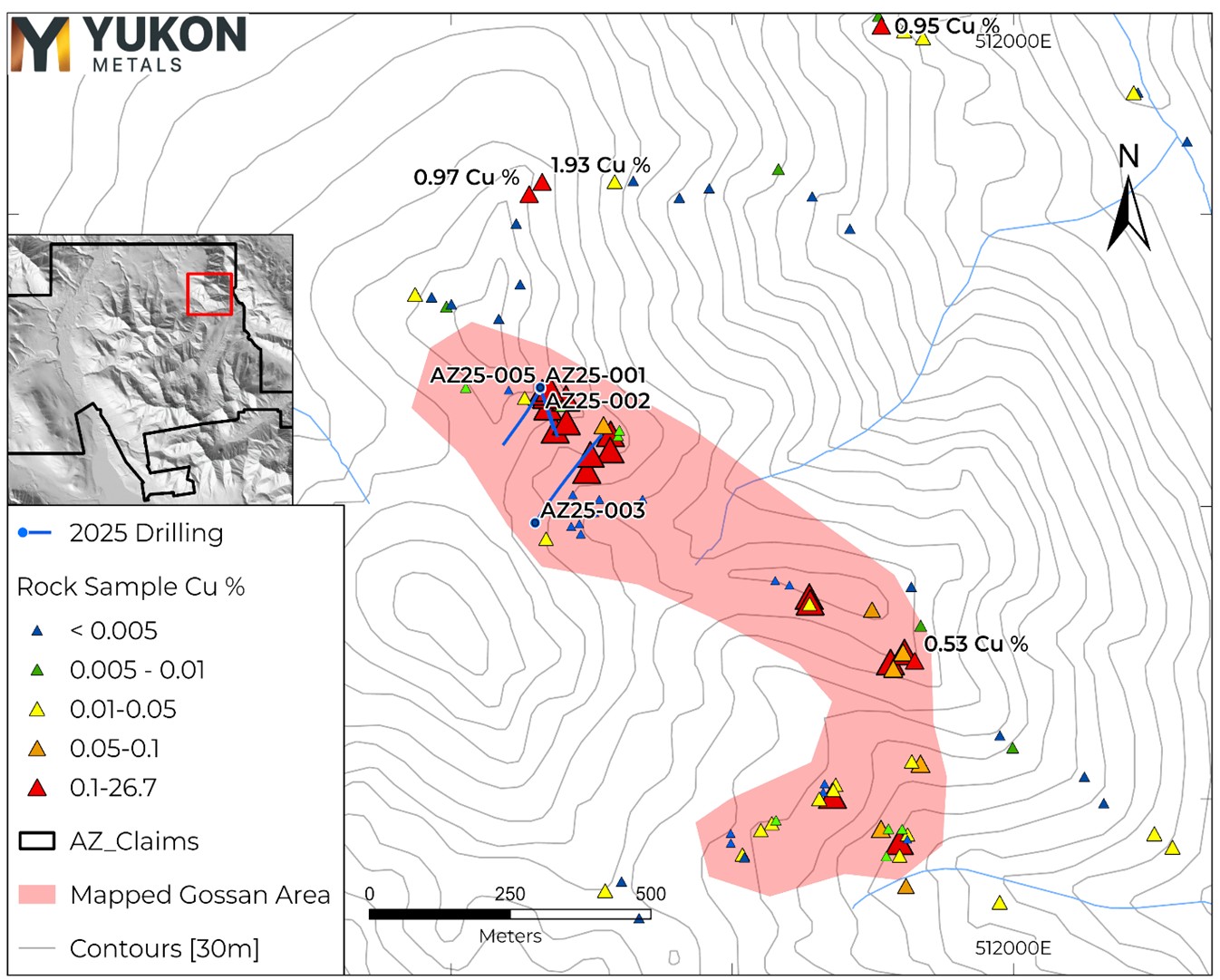 Chair Mountain Drilling Location Map in relation to Cu Surface Rock Samples.